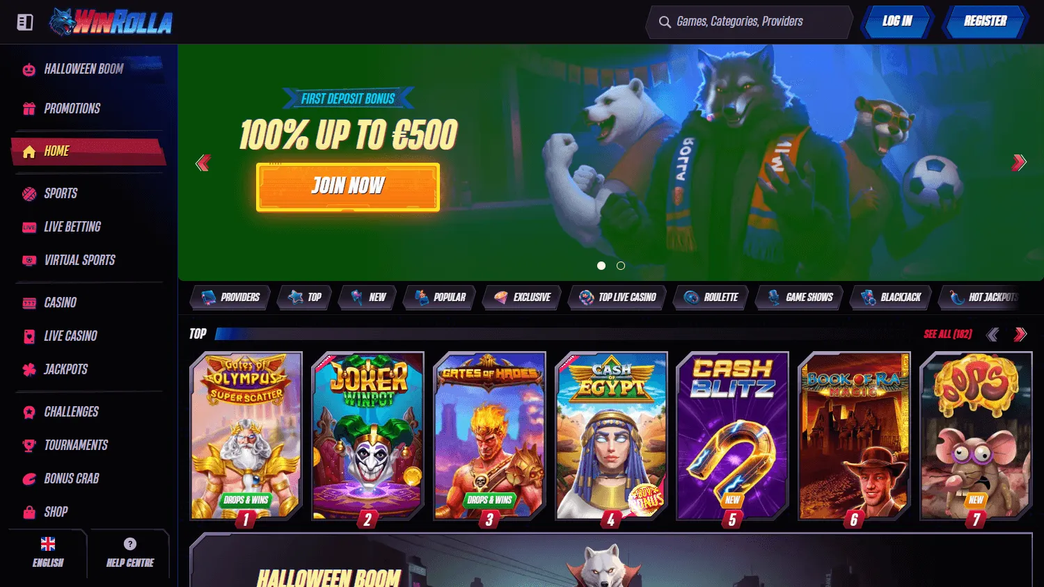 Winrolla Casino desktop home experience with casino and sportsbook features