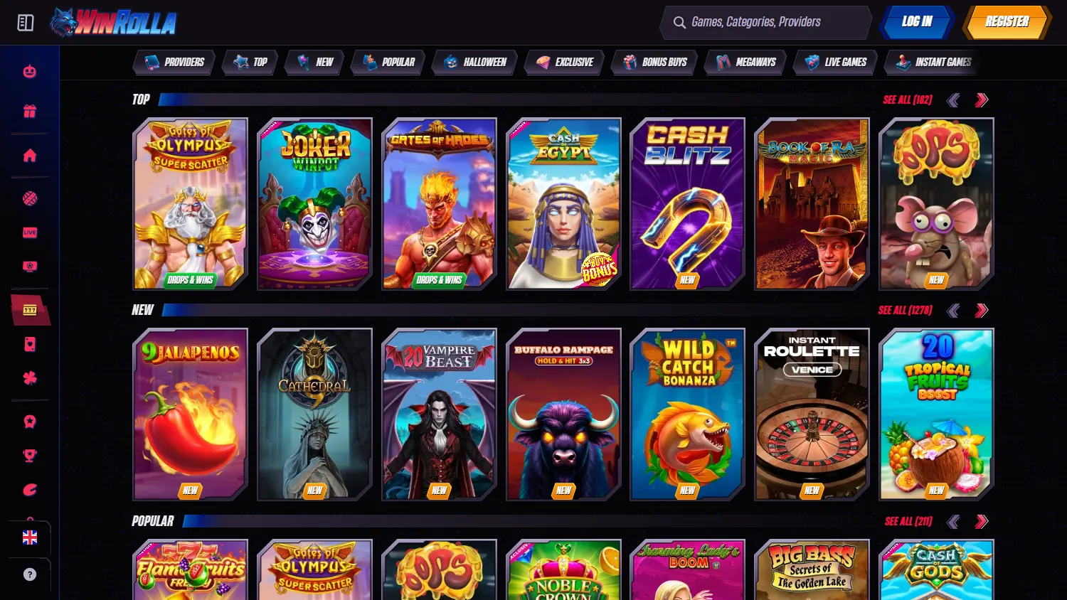 Winrolla Casino desktop games area with pokies and casino choices