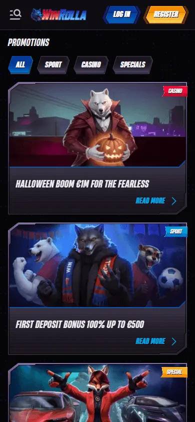 Winrolla Casino mobile browser promotions area with bonus offers