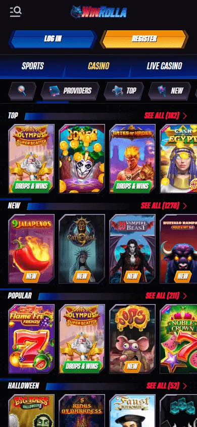 Winrolla Casino mobile browser games area with casino choices