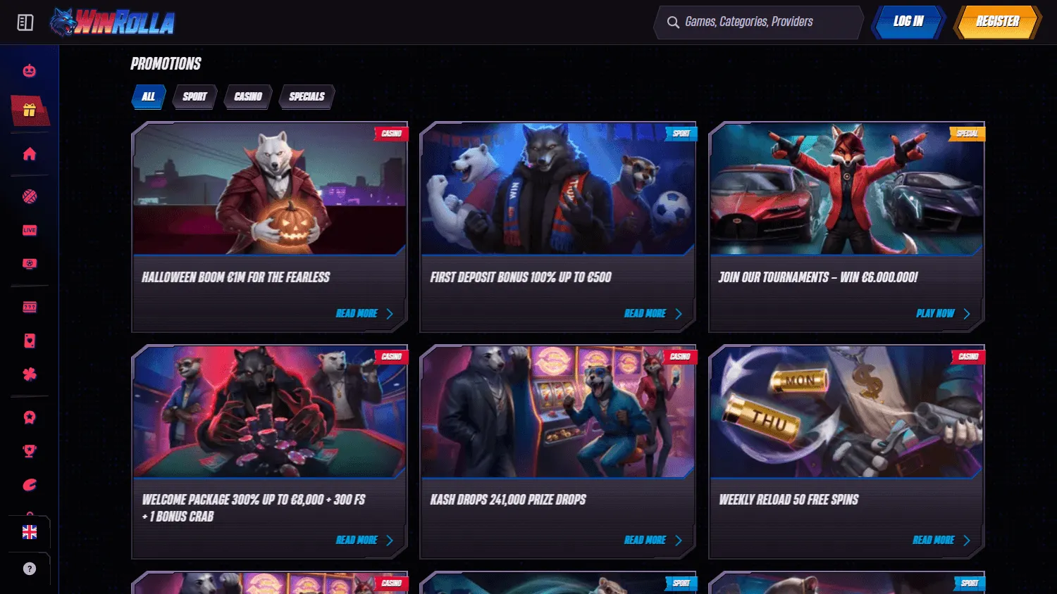 Winrolla Casino desktop promotions area with bonus and promotional offers